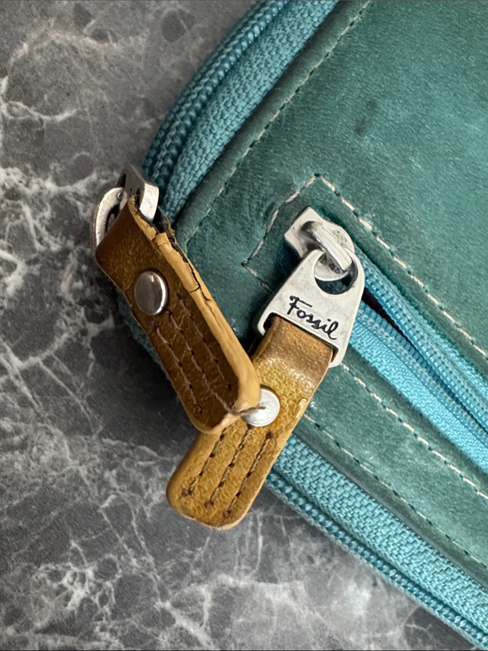 Fossil Teal Zip Wallet with Mustard Leather Pulls - Picture 2 of 4